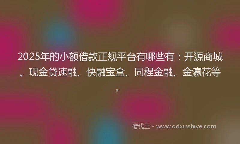 2025年的小额借款正规平台有哪些有：开源商城、现金贷速融、快融宝盒、同程金融、金瀛花等。