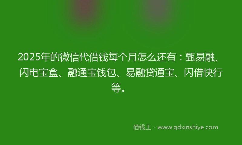 2025年的微信代借钱每个月怎么还有：甄易融、闪电宝盒、融通宝钱包、易融贷通宝、闪借快行等。