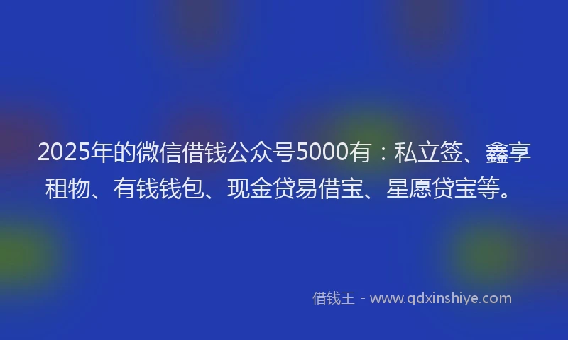 2025年的微信借钱公众号5000有：私立签、鑫享租物、有钱钱包、现金贷易借宝、星愿贷宝等。
