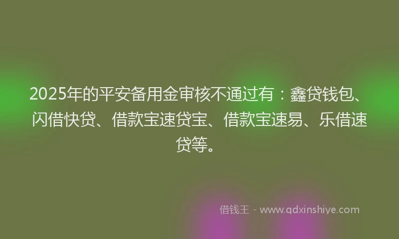 2025年的平安备用金审核不通过有：鑫贷钱包、闪借快贷、借款宝速贷宝、借款宝速易、乐借速贷等。