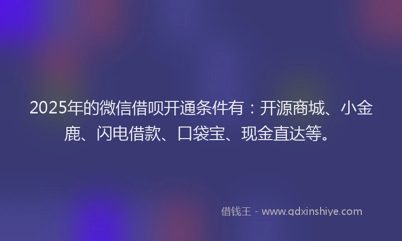 2025年的微信借呗开通条件有：开源商城、小金鹿、闪电借款、口袋宝、现金直达等。