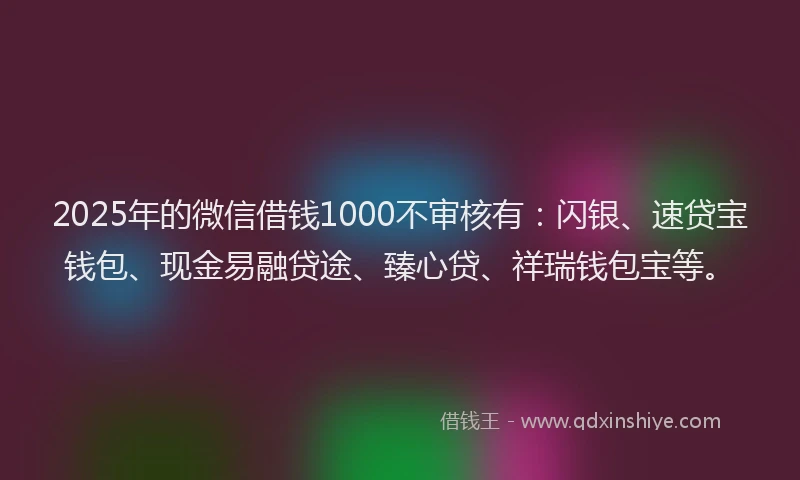2025年的微信借钱1000不审核有：闪银、速贷宝钱包、现金易融贷途、臻心贷、祥瑞钱包宝等。