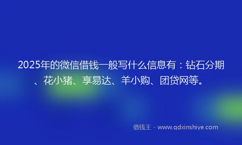 2025年的微信借钱一般写什么信息有：钻石分期、花小猪、享易达、羊小购、团贷网等。
