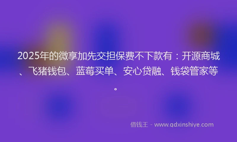 2025年的微享加先交担保费不下款有：开源商城、飞猪钱包、蓝莓买单、安心贷融、钱袋管家等。