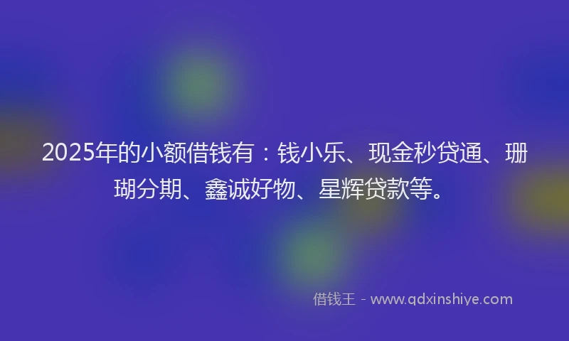 2025年的小额借钱有：钱小乐、现金秒贷通、珊瑚分期、鑫诚好物、星辉贷款等。