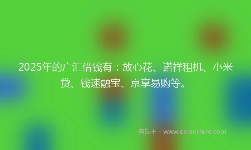 2025年的广汇借钱有：放心花、诺祥租机、小米贷、钱速融宝、京享易购等。