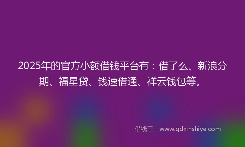 2025年的官方小额借钱平台有：借了么、新浪分期、福星贷、钱速借通、祥云钱包等。