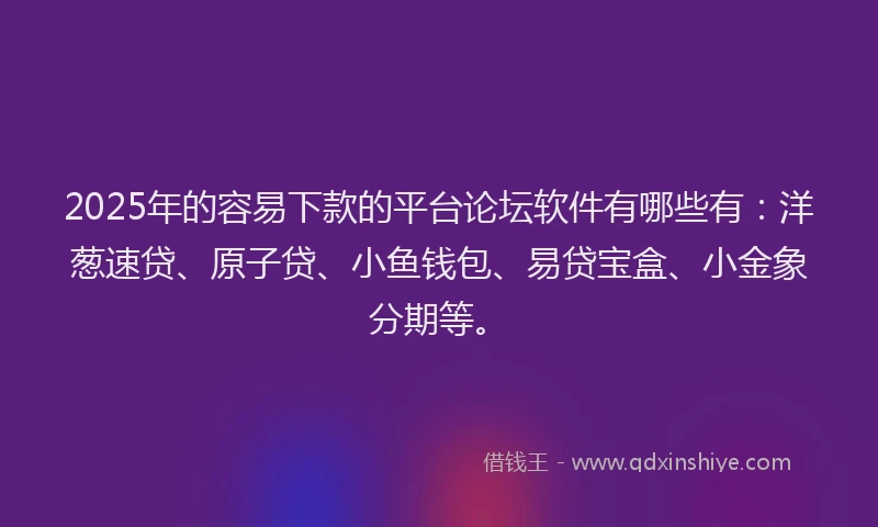 2025年的容易下款的平台论坛软件有哪些有：洋葱速贷、原子贷、小鱼钱包、易贷宝盒、小金象分期等。
