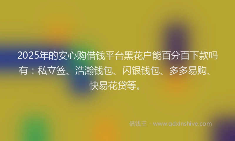 2025年的安心购借钱平台黑花户能百分百下款吗有：私立签、浩瀚钱包、闪银钱包、多多易购、快易花贷等。