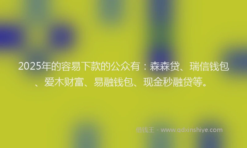 2025年的容易下款的公众有：森森贷、瑞信钱包、爱木财富、易融钱包、现金秒融贷等。