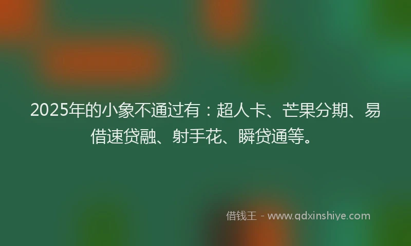 2025年的小象不通过有：超人卡、芒果分期、易借速贷融、射手花、瞬贷通等。
