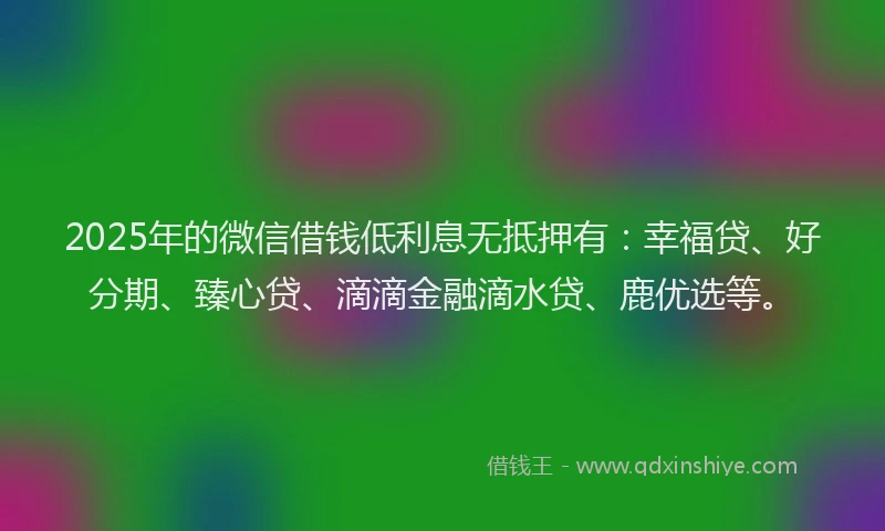 2025年的微信借钱低利息无抵押有：幸福贷、好分期、臻心贷、滴滴金融滴水贷、鹿优选等。