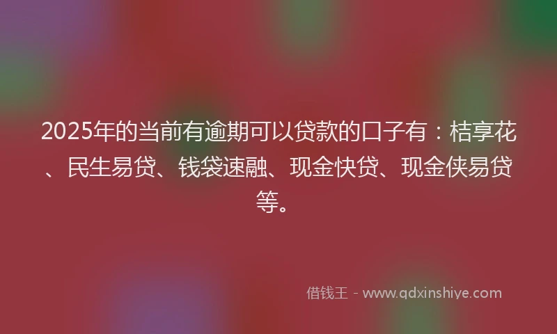 2025年的当前有逾期可以贷款的口子有：桔享花、民生易贷、钱袋速融、现金快贷、现金侠易贷等。