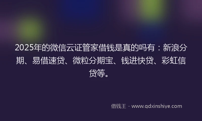 2025年的微信云证管家借钱是真的吗有：新浪分期、易借速贷、微粒分期宝、钱进快贷、彩虹信贷等。