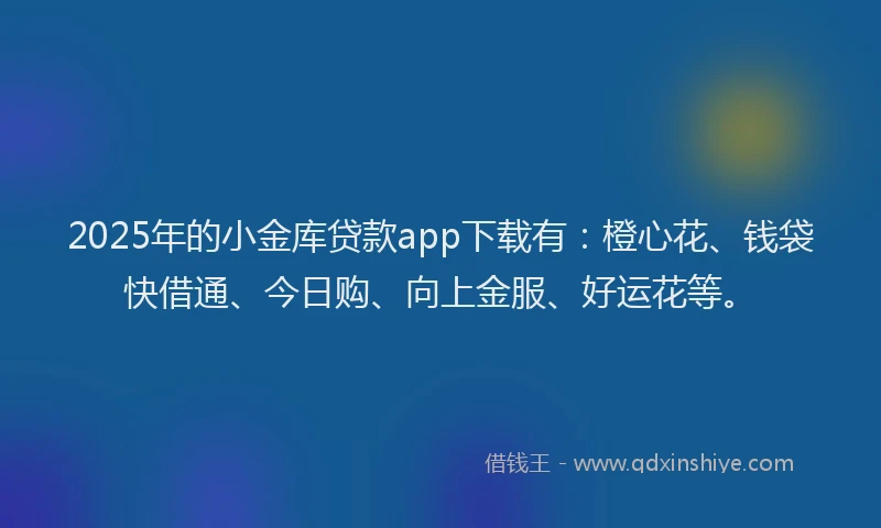 2025年的小金库贷款app下载有：橙心花、钱袋快借通、今日购、向上金服、好运花等。