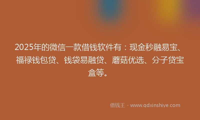 2025年的微信一款借钱软件有：现金秒融易宝、福禄钱包贷、钱袋易融贷、蘑菇优选、分子贷宝盒等。