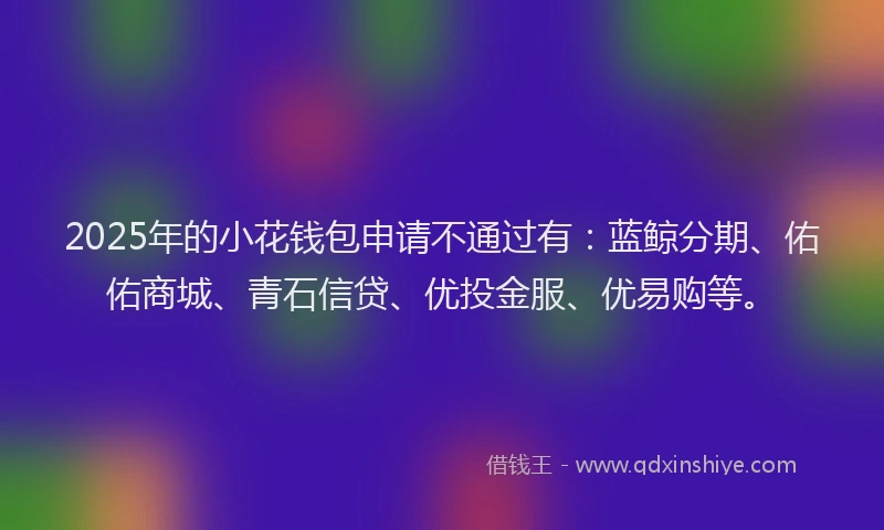 2025年的小花钱包申请不通过有：蓝鲸分期、佑佑商城、青石信贷、优投金服、优易购等。