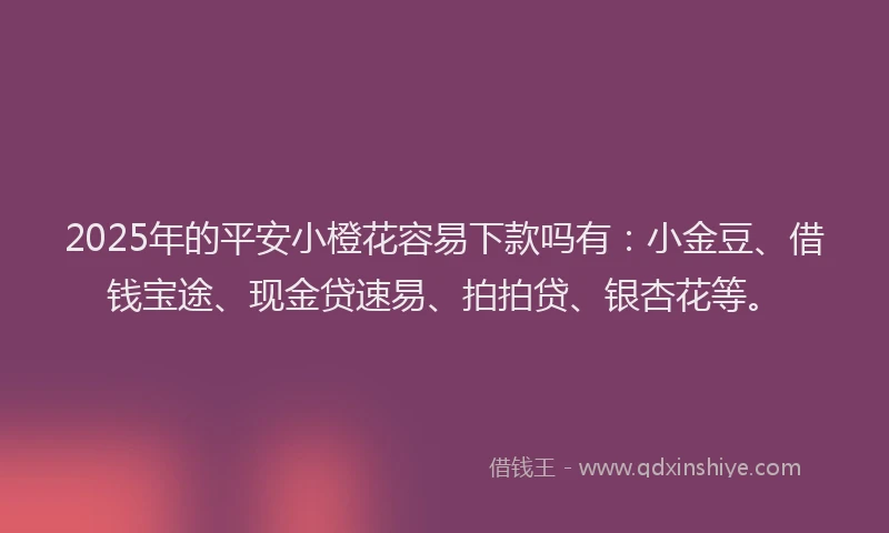 2025年的平安小橙花容易下款吗有：小金豆、借钱宝途、现金贷速易、拍拍贷、银杏花等。