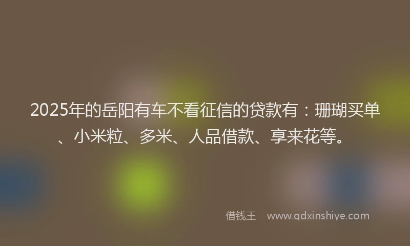 2025年的岳阳有车不看征信的贷款有：珊瑚买单、小米粒、多米、人品借款、享来花等。