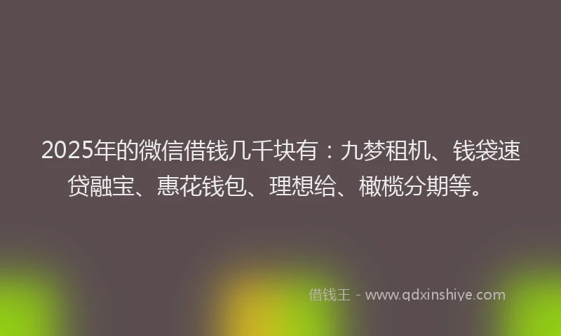 2025年的微信借钱几千块有：九梦租机、钱袋速贷融宝、惠花钱包、理想给、橄榄分期等。