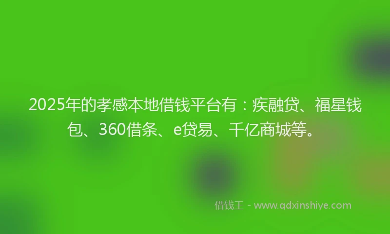 2025年的孝感本地借钱平台有：疾融贷、福星钱包、360借条、e贷易、千亿商城等。