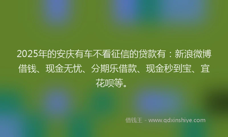 2025年的安庆有车不看征信的贷款有：新浪微博借钱、现金无忧、分期乐借款、现金秒到宝、宜花呗等。