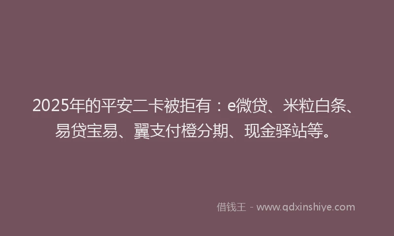 2025年的平安二卡被拒有：e微贷、米粒白条、易贷宝易、翼支付橙分期、现金驿站等。