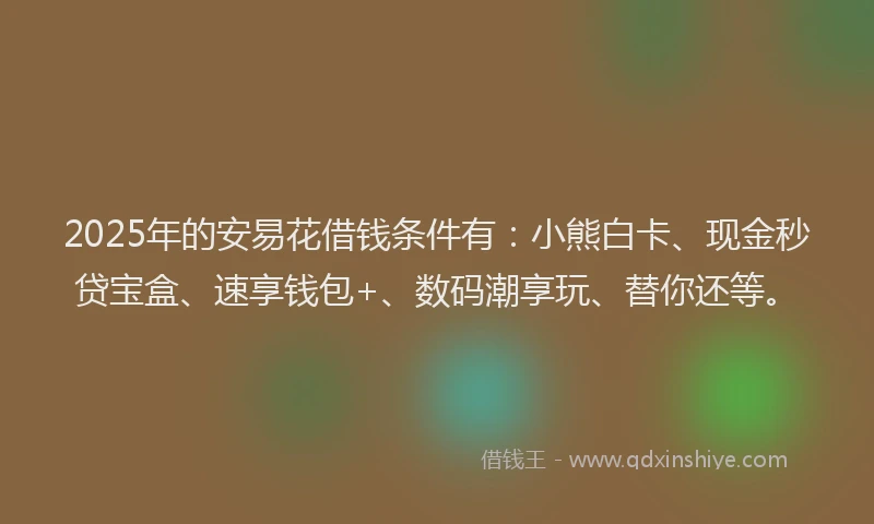2025年的安易花借钱条件有：小熊白卡、现金秒贷宝盒、速享钱包+、数码潮享玩、替你还等。