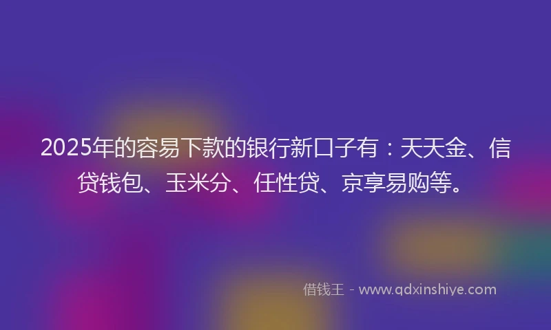 2025年的容易下款的银行新口子有：天天金、信贷钱包、玉米分、任性贷、京享易购等。