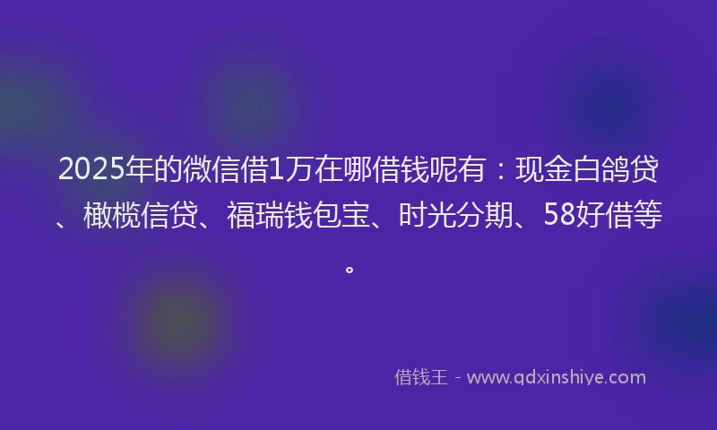 2025年的微信借1万在哪借钱呢有：现金白鸽贷、橄榄信贷、福瑞钱包宝、时光分期、58好借等。
