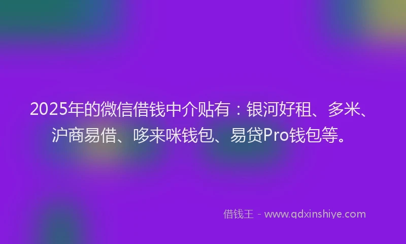 2025年的微信借钱中介贴有：银河好租、多米、沪商易借、哆来咪钱包、易贷Pro钱包等。
