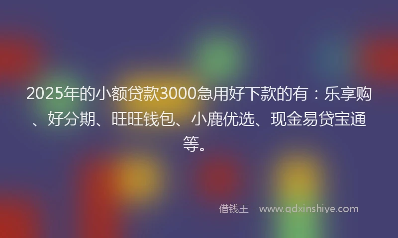 2025年的小额贷款3000急用好下款的有：乐享购、好分期、旺旺钱包、小鹿优选、现金易贷宝通等。