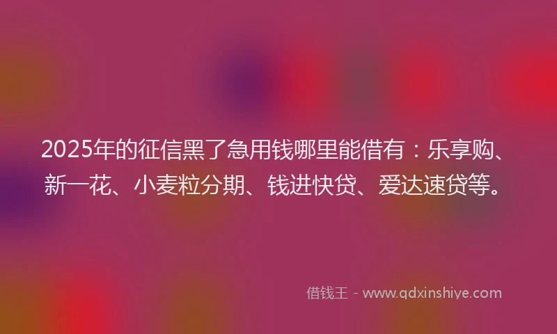 2025年的征信黑了急用钱哪里能借有：乐享购、新一花、小麦粒分期、钱进快贷、爱达速贷等。