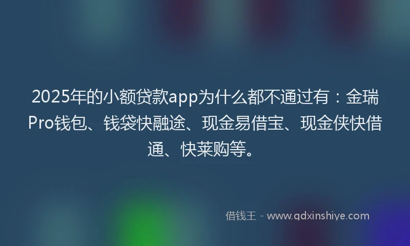 2025年的小额贷款app为什么都不通过有：金瑞Pro钱包、钱袋快融途、现金易借宝、现金侠快借通、快莱购等。