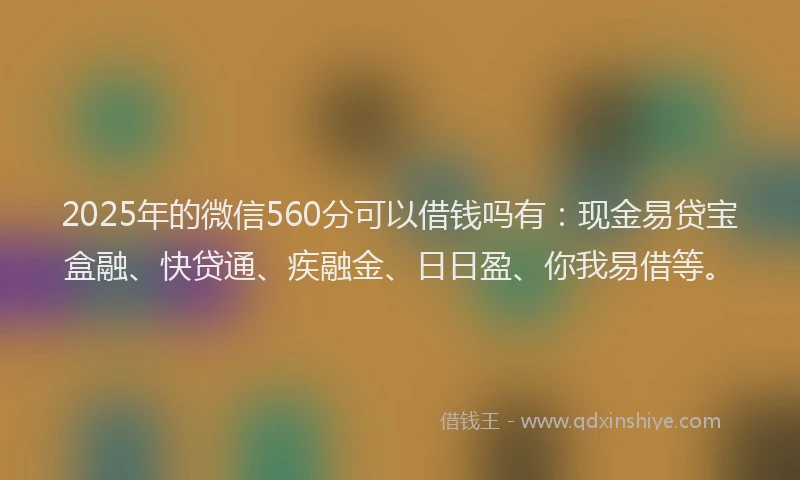 2025年的微信560分可以借钱吗有：现金易贷宝盒融、快贷通、疾融金、日日盈、你我易借等。
