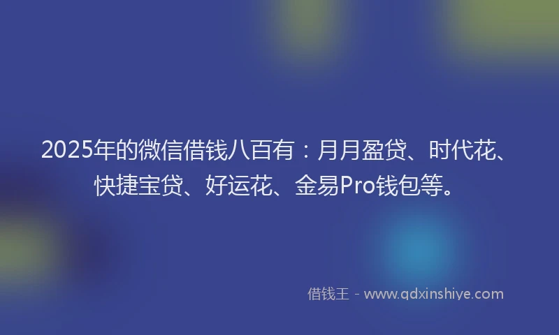 2025年的微信借钱八百有：月月盈贷、时代花、快捷宝贷、好运花、金易Pro钱包等。