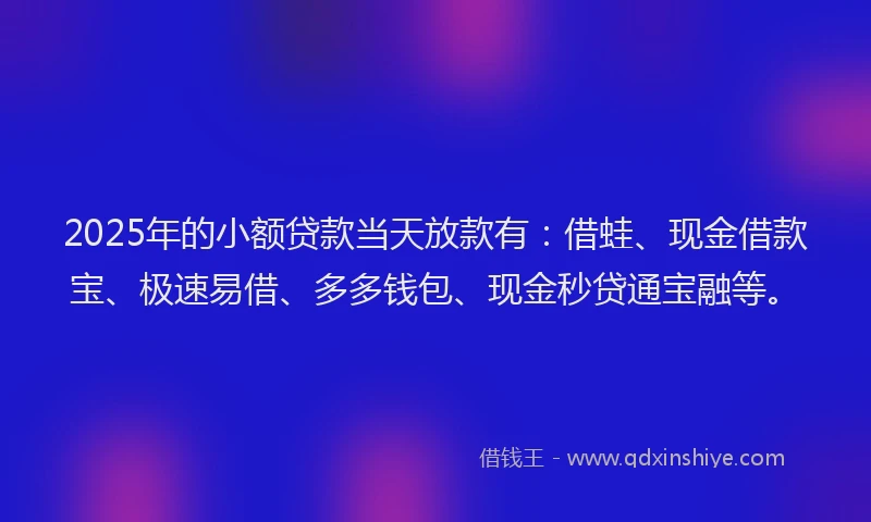 2025年的小额贷款当天放款有：借蛙、现金借款宝、极速易借、多多钱包、现金秒贷通宝融等。