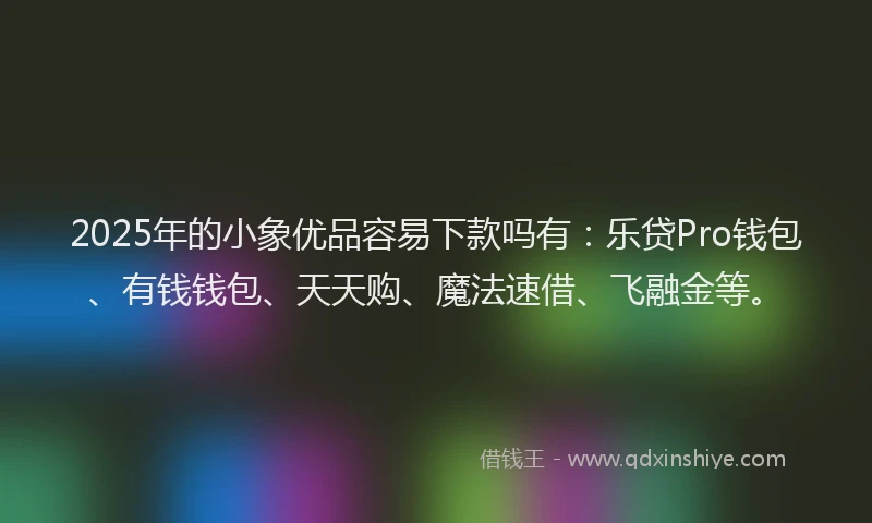2025年的小象优品容易下款吗有：乐贷Pro钱包、有钱钱包、天天购、魔法速借、飞融金等。