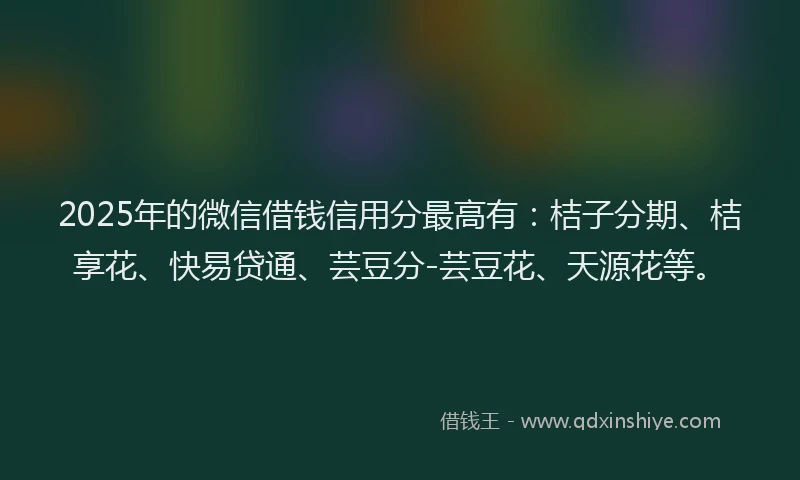 2025年的微信借钱信用分最高有：桔子分期、桔享花、快易贷通、芸豆分-芸豆花、天源花等。