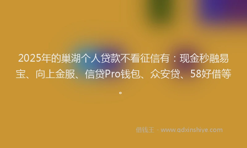 2025年的巢湖个人贷款不看征信有：现金秒融易宝、向上金服、信贷Pro钱包、众安贷、58好借等。