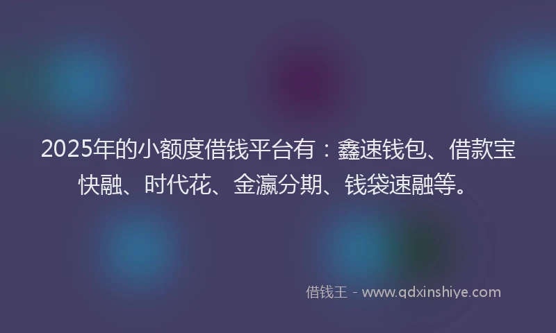 2025年的小额度借钱平台有：鑫速钱包、借款宝快融、时代花、金瀛分期、钱袋速融等。