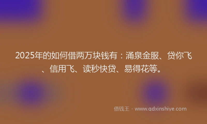 2025年的如何借两万块钱有：涌泉金服、贷你飞、信用飞、读秒快贷、易得花等。