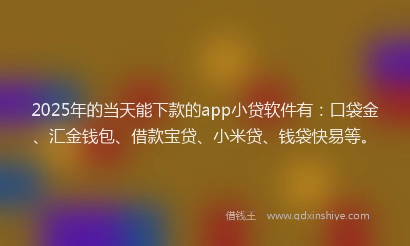 2025年的当天能下款的app小贷软件有：口袋金、汇金钱包、借款宝贷、小米贷、钱袋快易等。