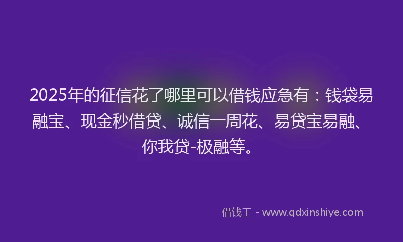 2025年的征信花了哪里可以借钱应急有：钱袋易融宝、现金秒借贷、诚信一周花、易贷宝易融、你我贷-极融等。