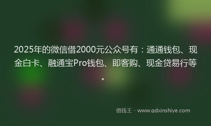 2025年的微信借2000元公众号有：通通钱包、现金白卡、融通宝Pro钱包、即客购、现金贷易行等。
