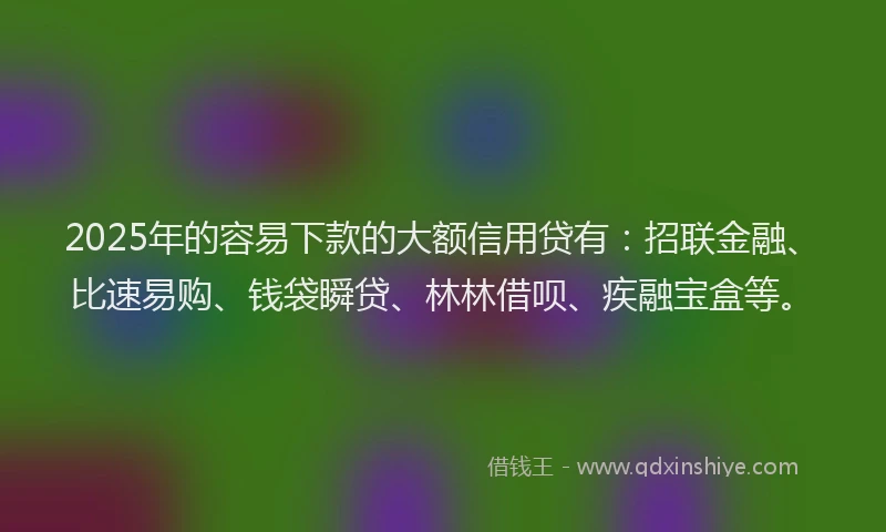 2025年的容易下款的大额信用贷有：招联金融、比速易购、钱袋瞬贷、林林借呗、疾融宝盒等。