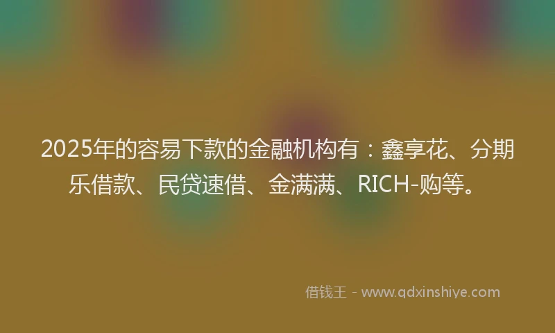 2025年的容易下款的金融机构有：鑫享花、分期乐借款、民贷速借、金满满、RICH-购等。