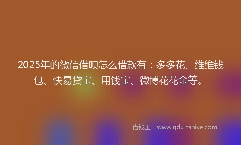 2025年的微信借呗怎么借款有：多多花、维维钱包、快易贷宝、用钱宝、微博花花金等。
