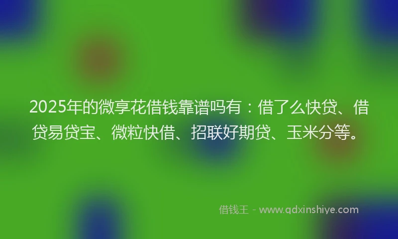 2025年的微享花借钱靠谱吗有：借了么快贷、借贷易贷宝、微粒快借、招联好期贷、玉米分等。