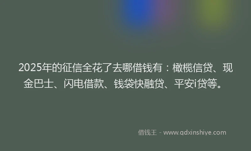 2025年的征信全花了去哪借钱有：橄榄信贷、现金巴士、闪电借款、钱袋快融贷、平安i贷等。